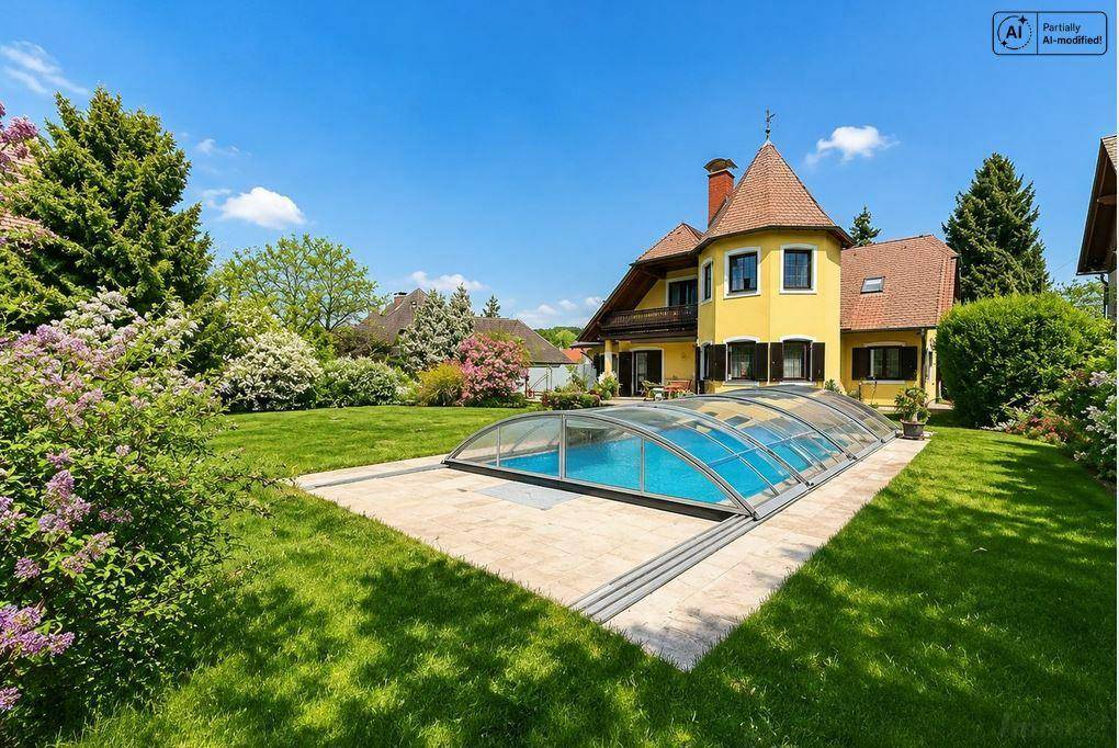 Gepflegter Garten mit überdachtem Pool und Blick auf das charmante Landhaus.