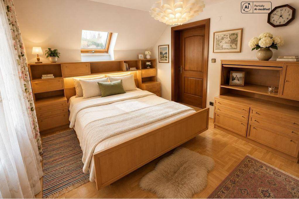 Helles Schlafzimmer im Dachgeschoss mit Holzbett, Parkettboden und integrierten Regalen.