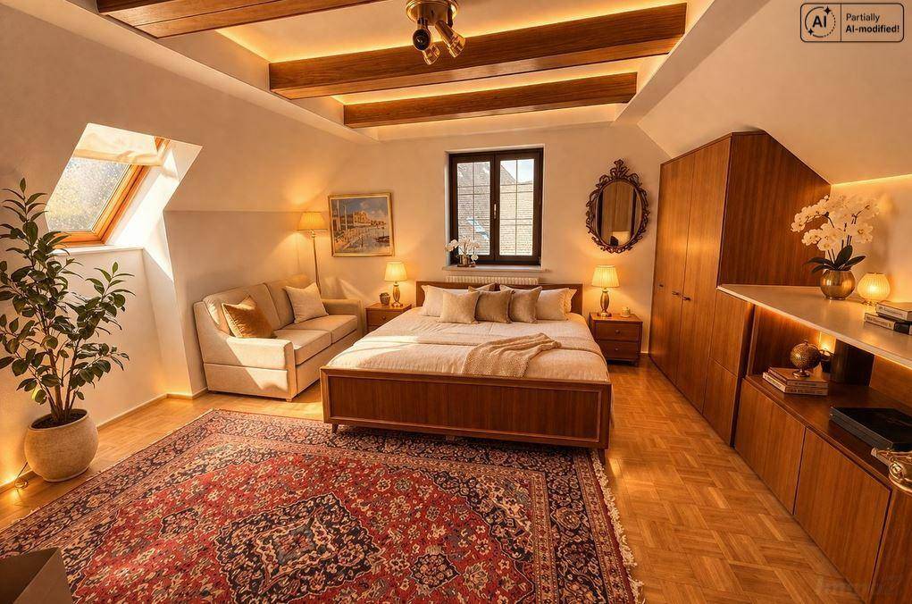 Gemütliches Schlafzimmer im Dachgeschoss mit Holzbalken, Parkettboden und Dachfenster.