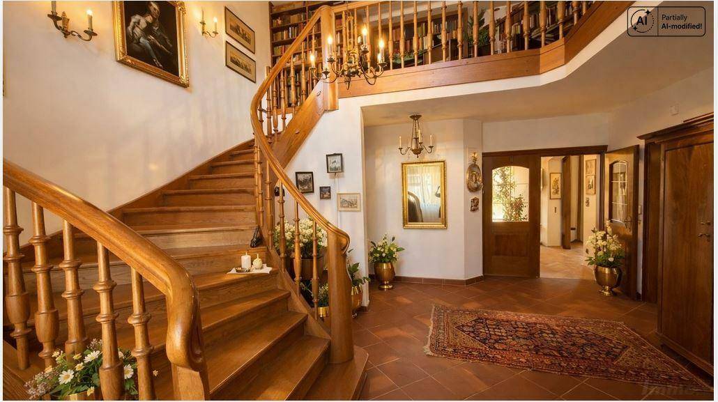 Repräsentativer Eingangsbereich mit geschwungener Holztreppe, Galerie und Terrakotta-Fliesen.