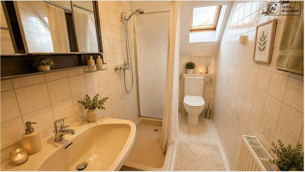 Helles Badezimmer im Dachgeschoss mit Dusche, WC und Dachfenster.