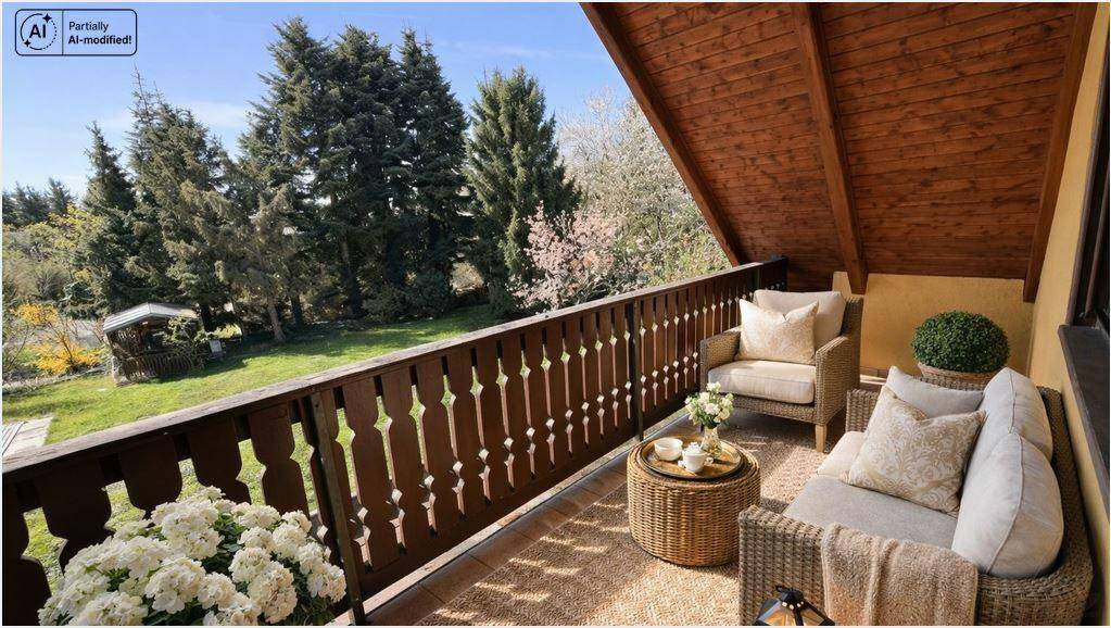 Gemütlicher Balkon mit Sitzgelegenheiten und Blick ins Grüne.