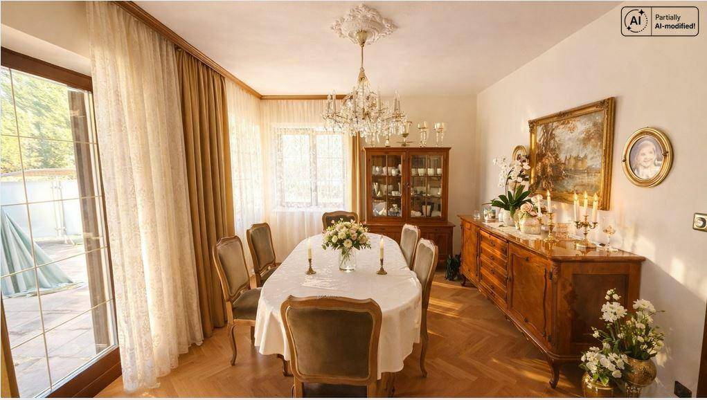 Heller Essbereich mit Zugang zur Terrasse, klassischem Mobiliar und viel Tageslicht.