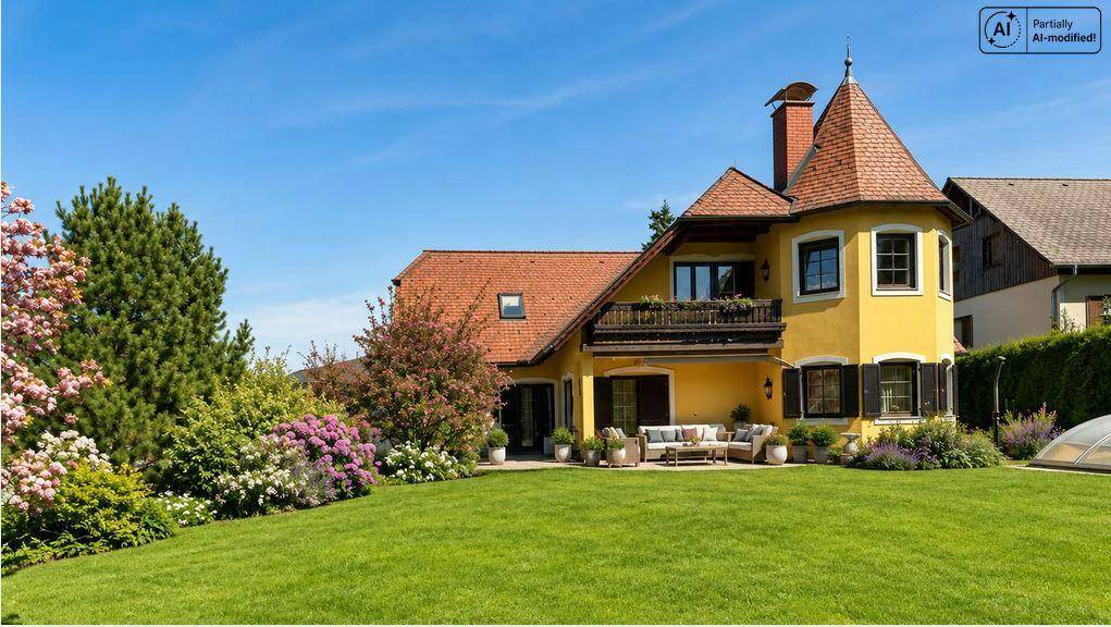 Weitläufiger Garten mit blühenden Sträuchern und der gelben Fassade des Landhauses.