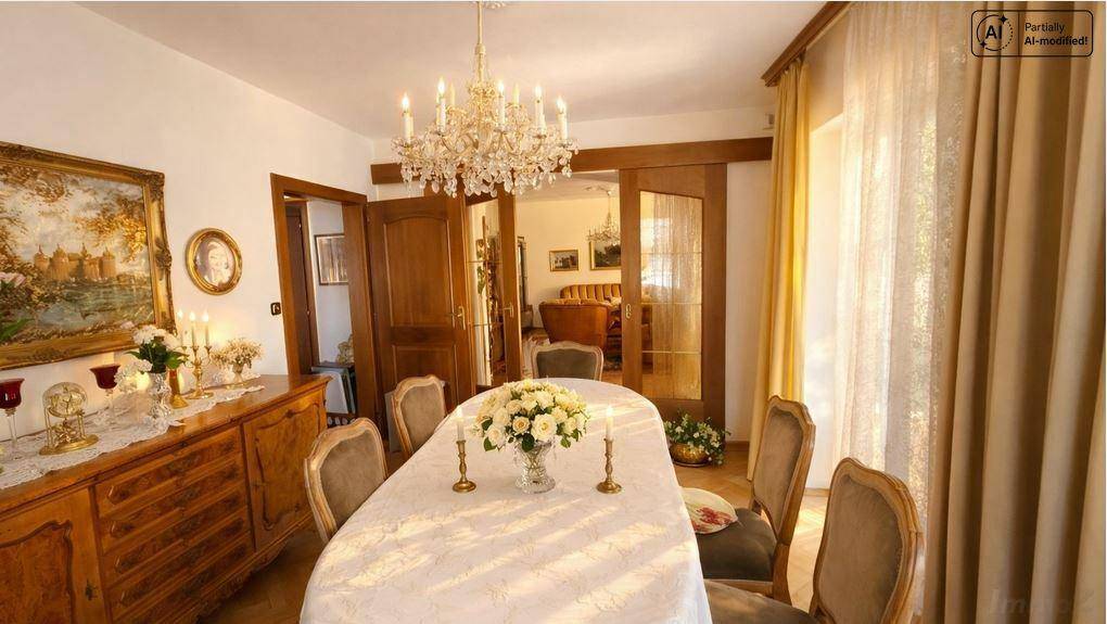 Eleganter Essbereich mit großem Holztisch, Kronleuchter und klassischem Sideboard.