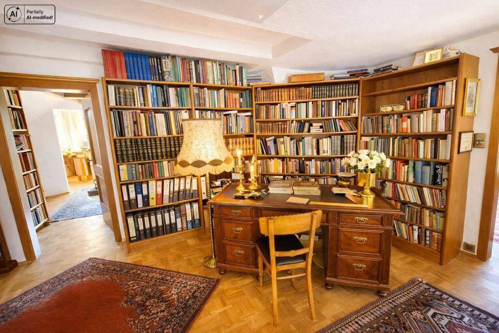 Großes Arbeitszimmer mit umfangreicher Bibliothek, Schreibtisch und Parkettboden.