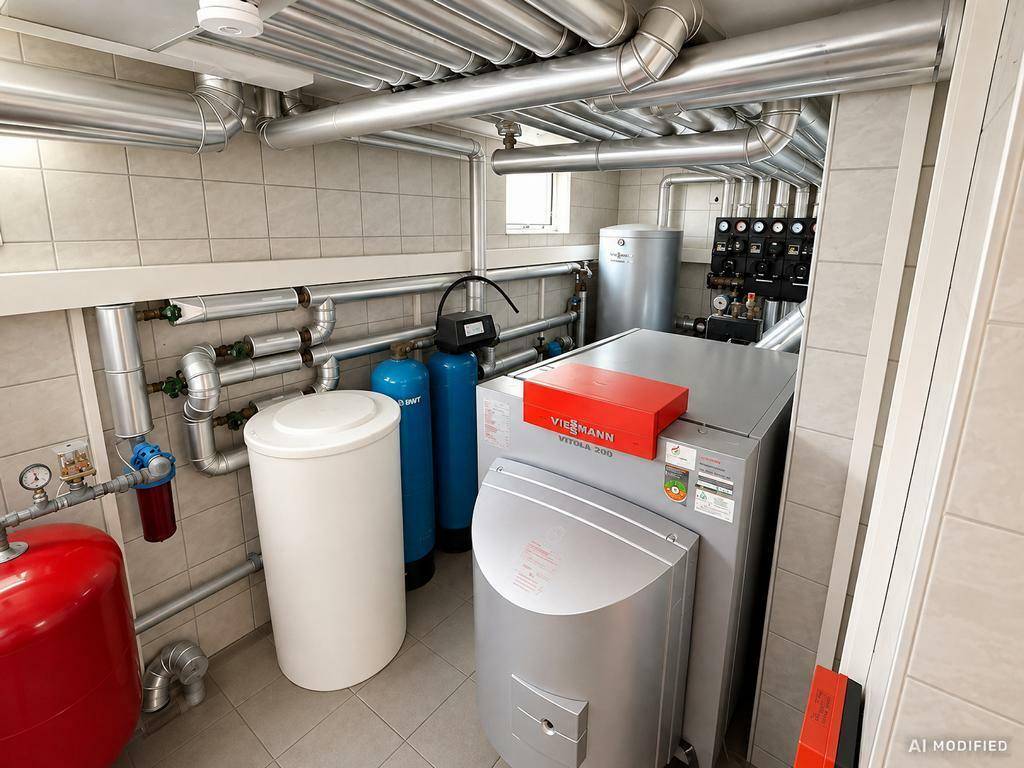Heizungsraum mit moderner Viessmann-Anlage, Warmwasserspeicher und zahlreichen Rohren.