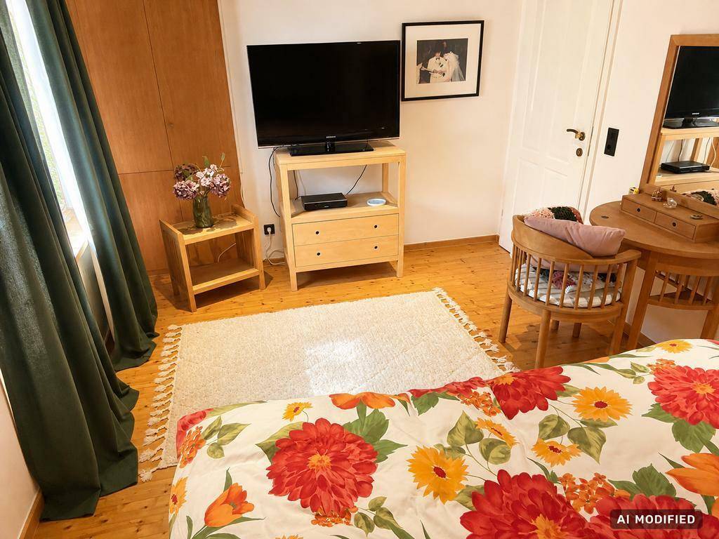 Gemütliches Schlafzimmer mit Doppelbett, Fernseher und Holzmöbeln.