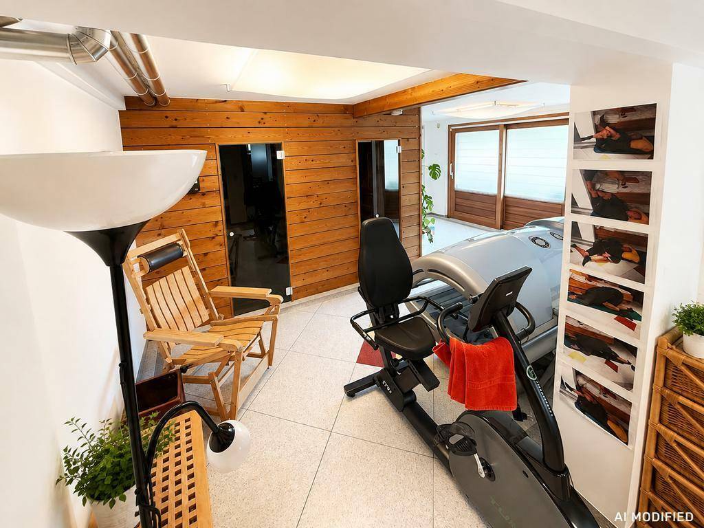 Fitnessraum mit Trainingsgeräten, Holzverkleidung und Zugang zu einem Wellnessbereich.