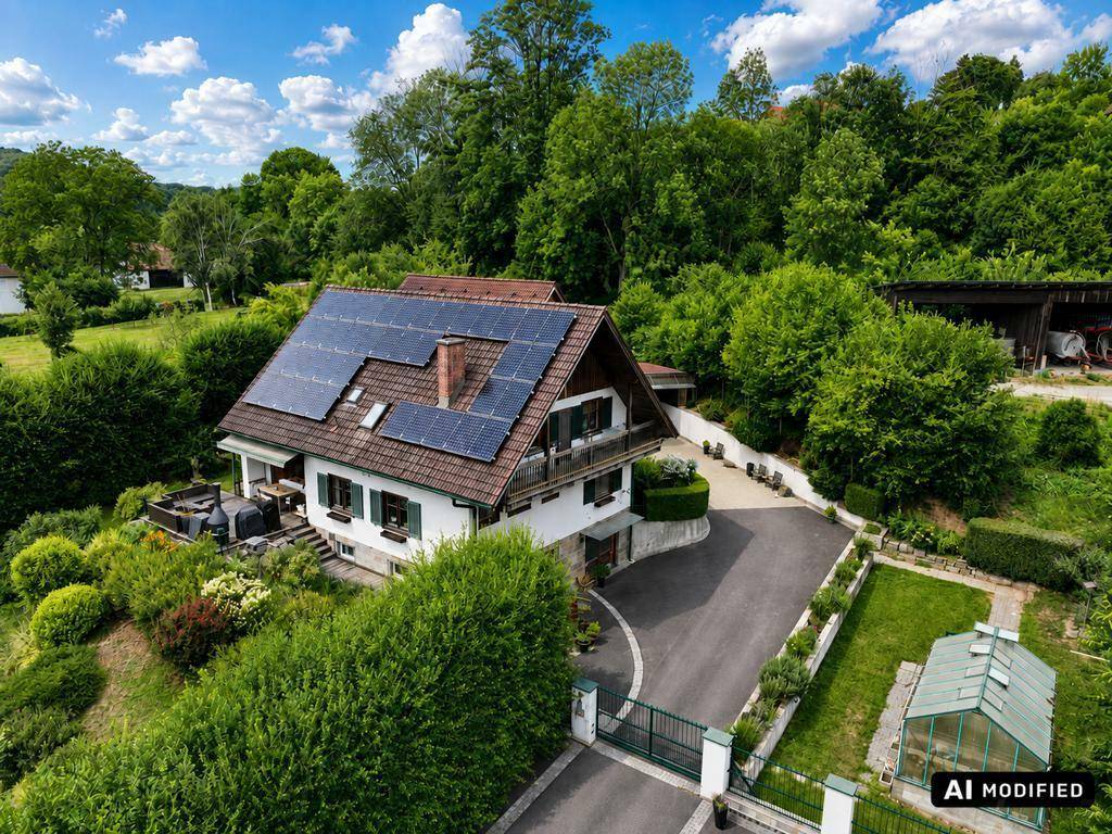 Idyllisches Einfamilienhaus mit Photovoltaikanlage, großem Garten und langer Auffahrt.