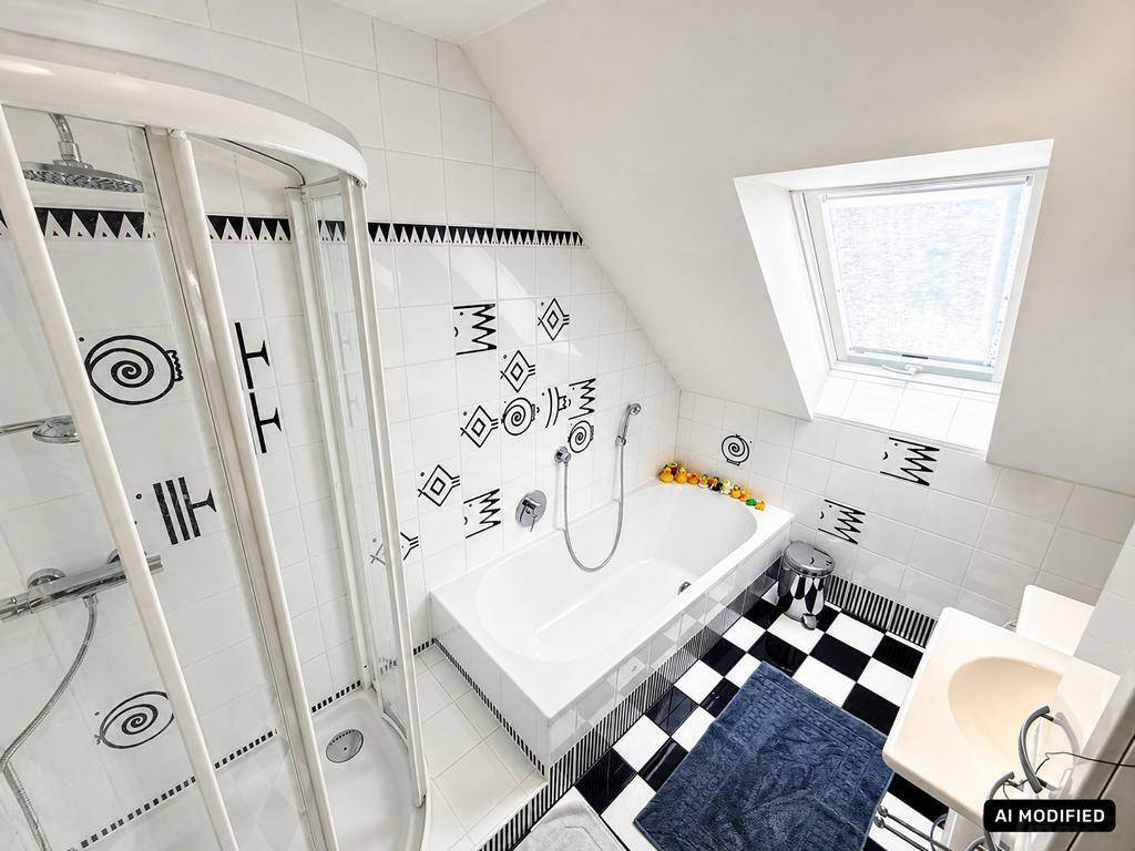 Helles Badezimmer mit Dachfenster, Badewanne, Duschkabine und auffälligen schwarz-weißen Fliesen.