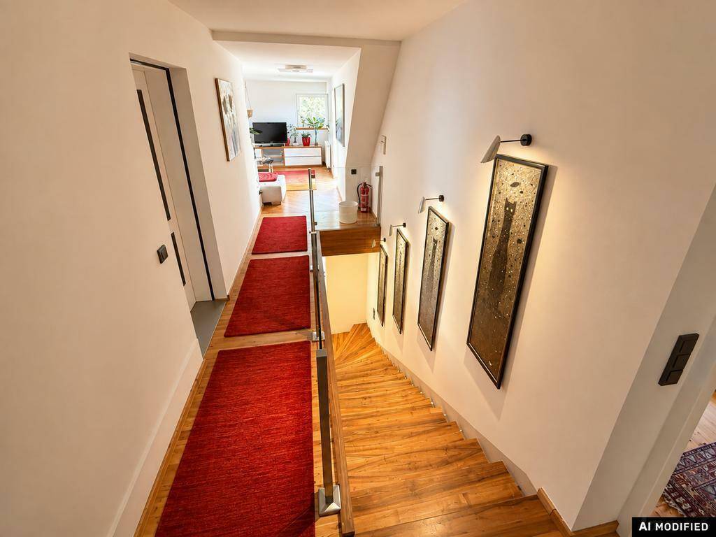 Heller Flur mit Holztreppe, rotem Teppich und Blick in den Wohnbereich.