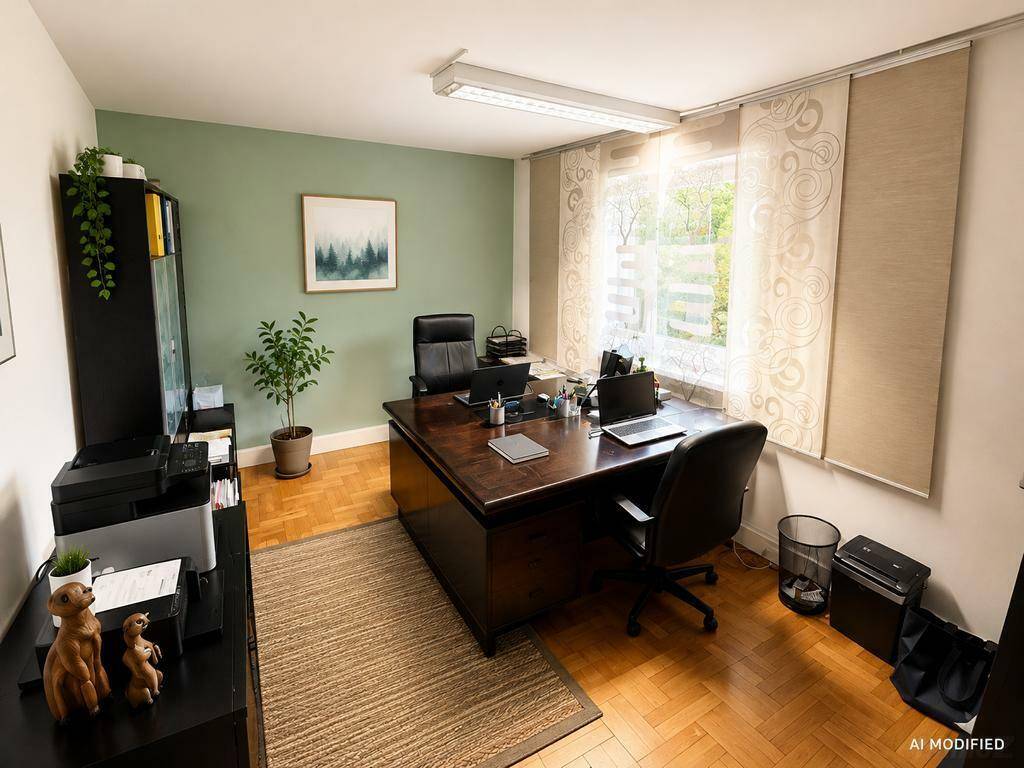 Geräumiges Büro mit grüner Akzentwand, großem Holzschreibtisch und Parkettboden.