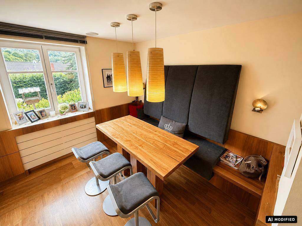 Moderner Essbereich mit Holztisch, eingebauter Sitzbank und Barhockern am Fenster.