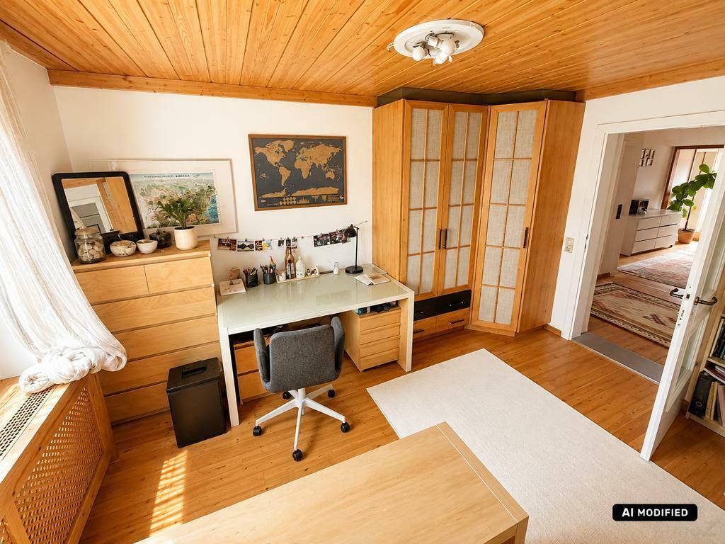 Arbeitszimmer mit Holzdecke, Schreibtisch und Blick auf den Flur.