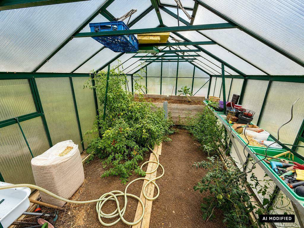 Gewächshaus mit wachsenden Pflanzen und Gartenutensilien, bereit für die Ernte.