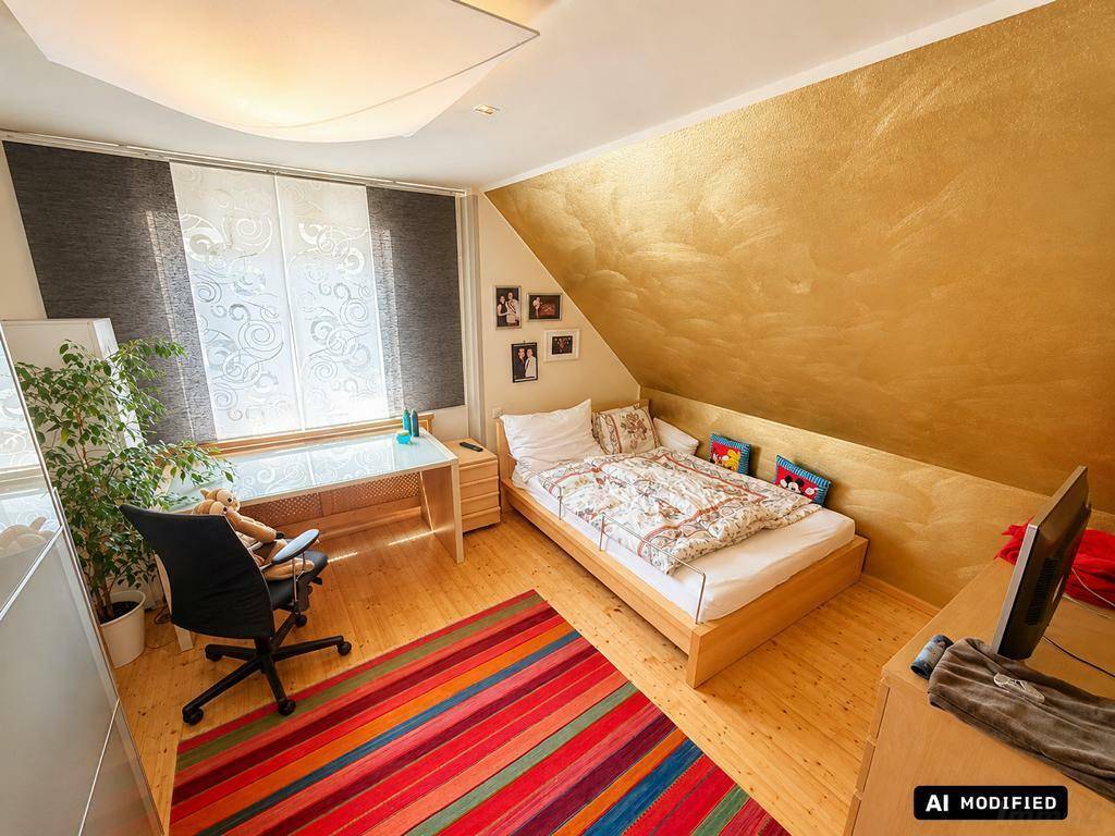 Helles Schlafzimmer im Dachgeschoss mit golden gestrichener Schrägwand und Holzboden.