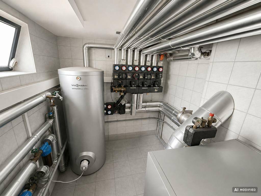 Technikraum mit Warmwasserspeicher, zahlreichen Rohren und Fliesenboden.