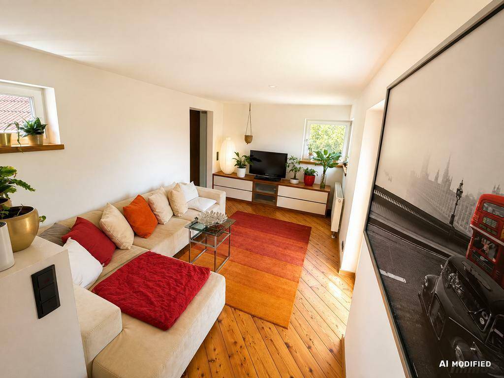 Helles Wohnzimmer mit großem Ecksofa, Holzboden und einem farbenfrohen Teppich.