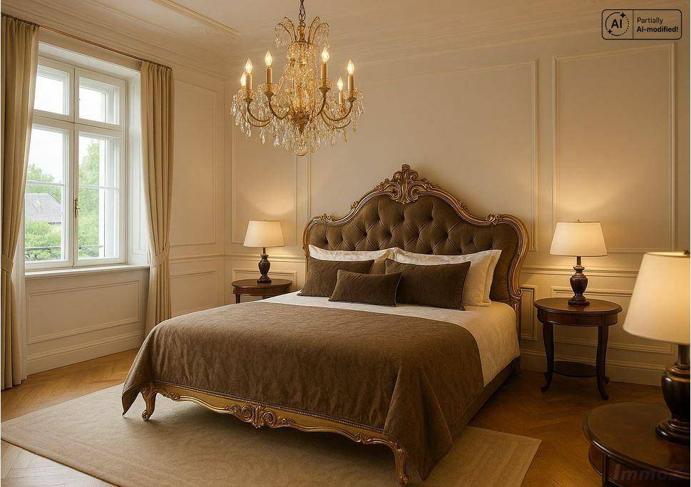 Elegantes Schlafzimmer mit opulentem Bett, Kronleuchter und Blick ins Grüne durch das große Fenster.