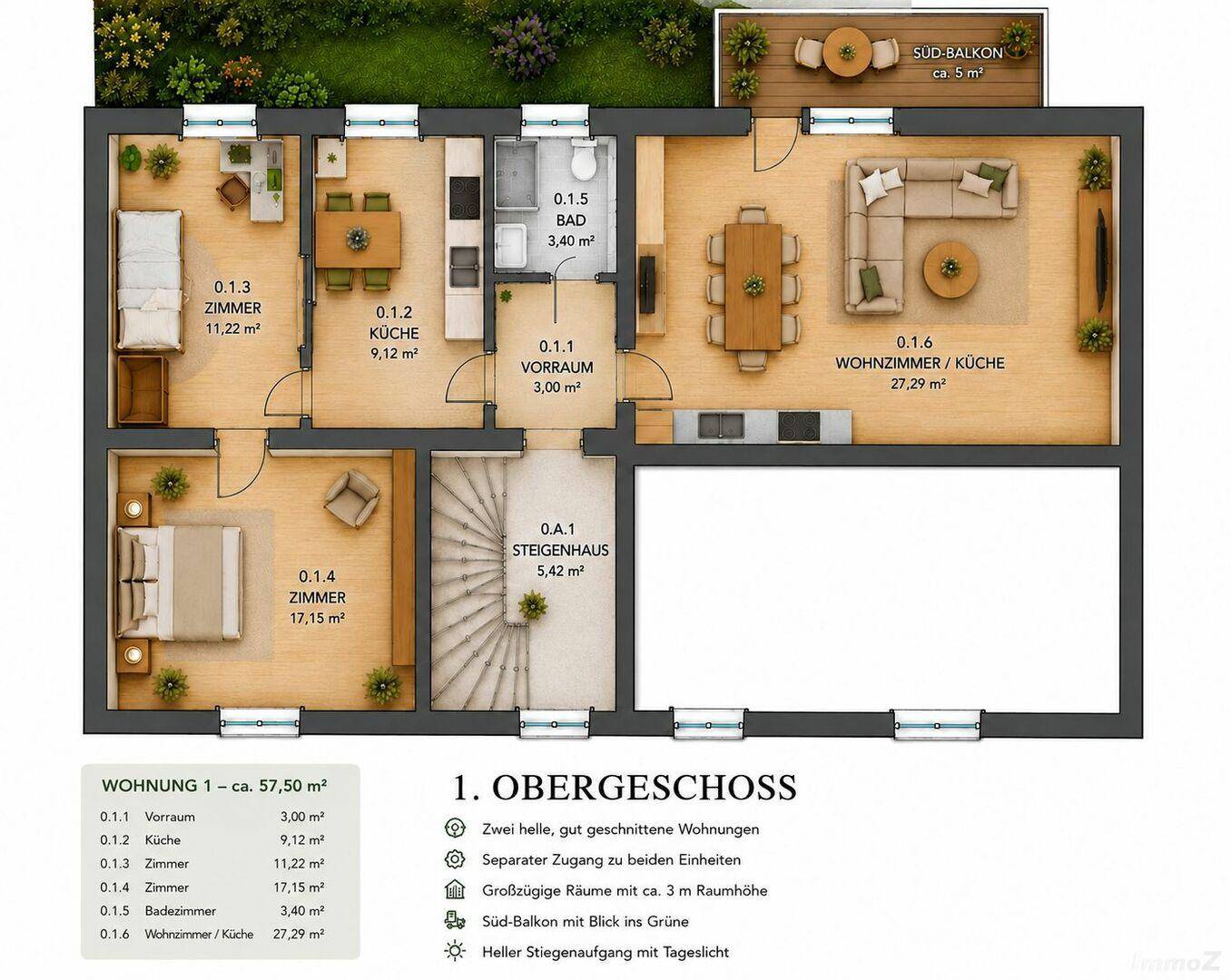 Detaillierter Grundriss einer modernen Wohnung im Obergeschoss mit offenem Wohnbereich, zwei Schlafzimmern und Südbalkon.