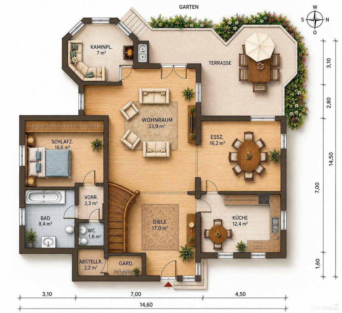 Detaillierter Grundriss des Erdgeschosses mit Wohnzimmer, Küche, Essbereich und Terrasse.