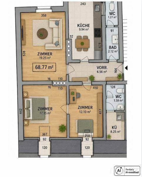Detaillierter Grundriss einer Wohnung mit mehreren Zimmern, Bädern und Dachschrägen.