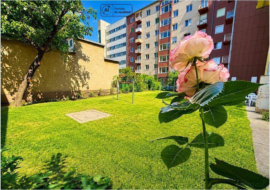 Gepflegter Gemeinschaftsgarten mit Rasenfläche, Bäumen und blühenden Rosen.