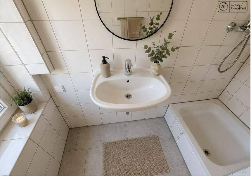 Helles Badezimmer mit weißen Fliesen, Waschbecken und integrierter Badewanne mit Duschfunktion.