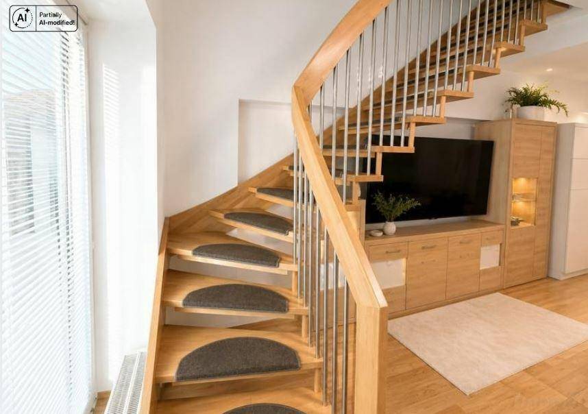 Elegante Holztreppe mit Metallgeländer, die den Wohnbereich mit dem Obergeschoss verbindet.