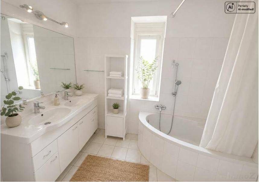 Geräumiges Badezimmer mit Doppelwaschbecken, Badewanne und Fenster.