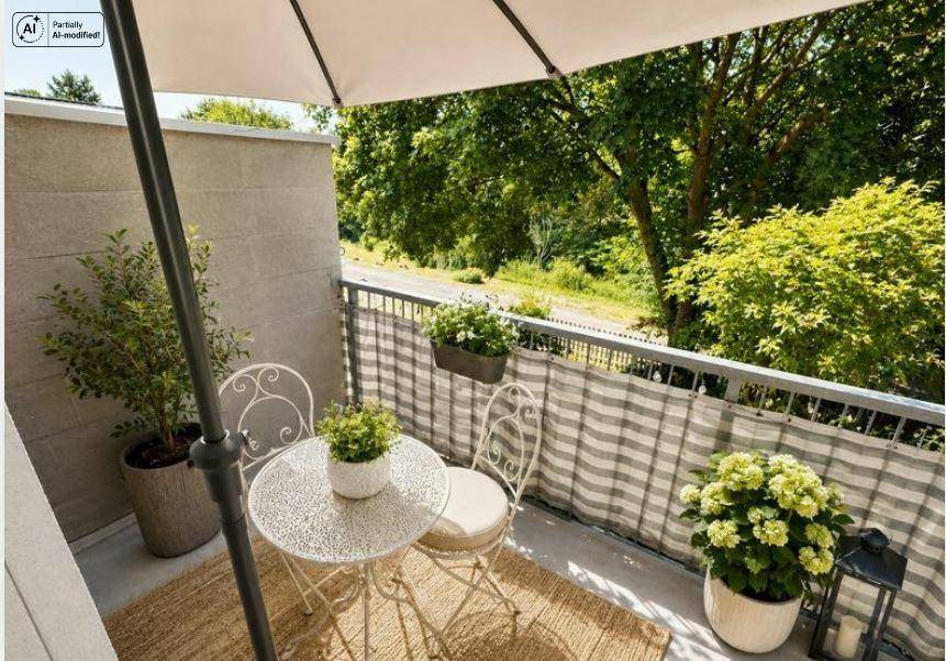 Kleiner Balkon mit Sitzgelegenheiten, Sonnenschirm und Blick ins Grüne.