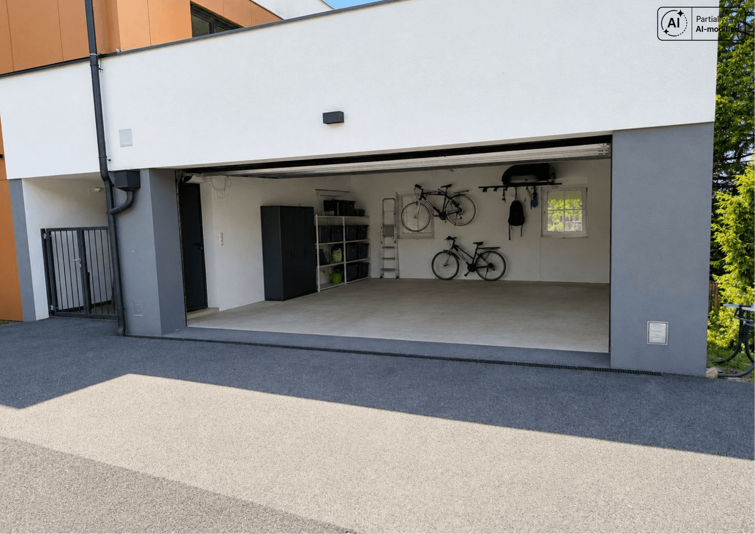 Geräumige Doppelgarage mit Fahrrädern, Stauraum und direktem Zugang zum Haus.