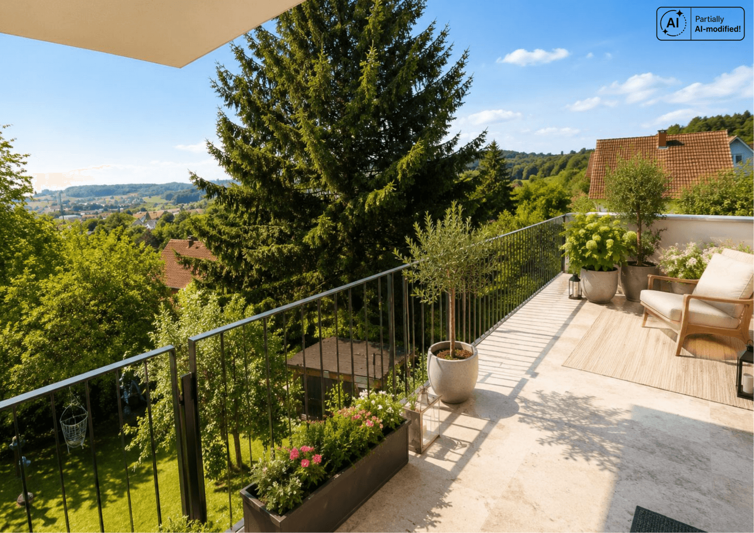 Geräumige Terrasse mit Sitzgelegenheiten, Pflanzen und weitem Blick über die Landschaft.