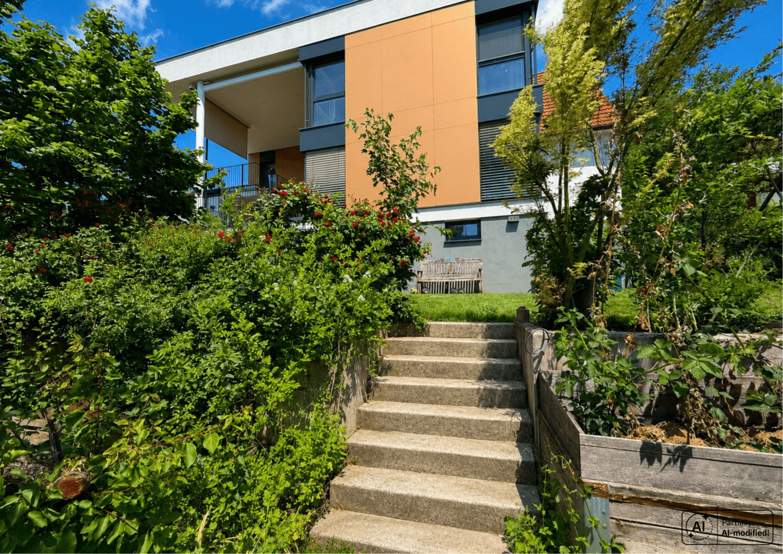 Steintreppe führt durch üppiges Grün zum modernen Haus mit Balkon und Sitzbank.