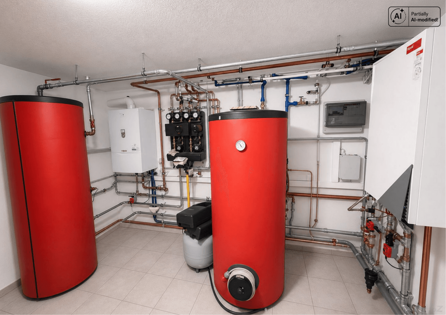 Technikraum mit Heizungsanlage, Warmwasserspeichern und umfangreicher Rohrinstallation.
