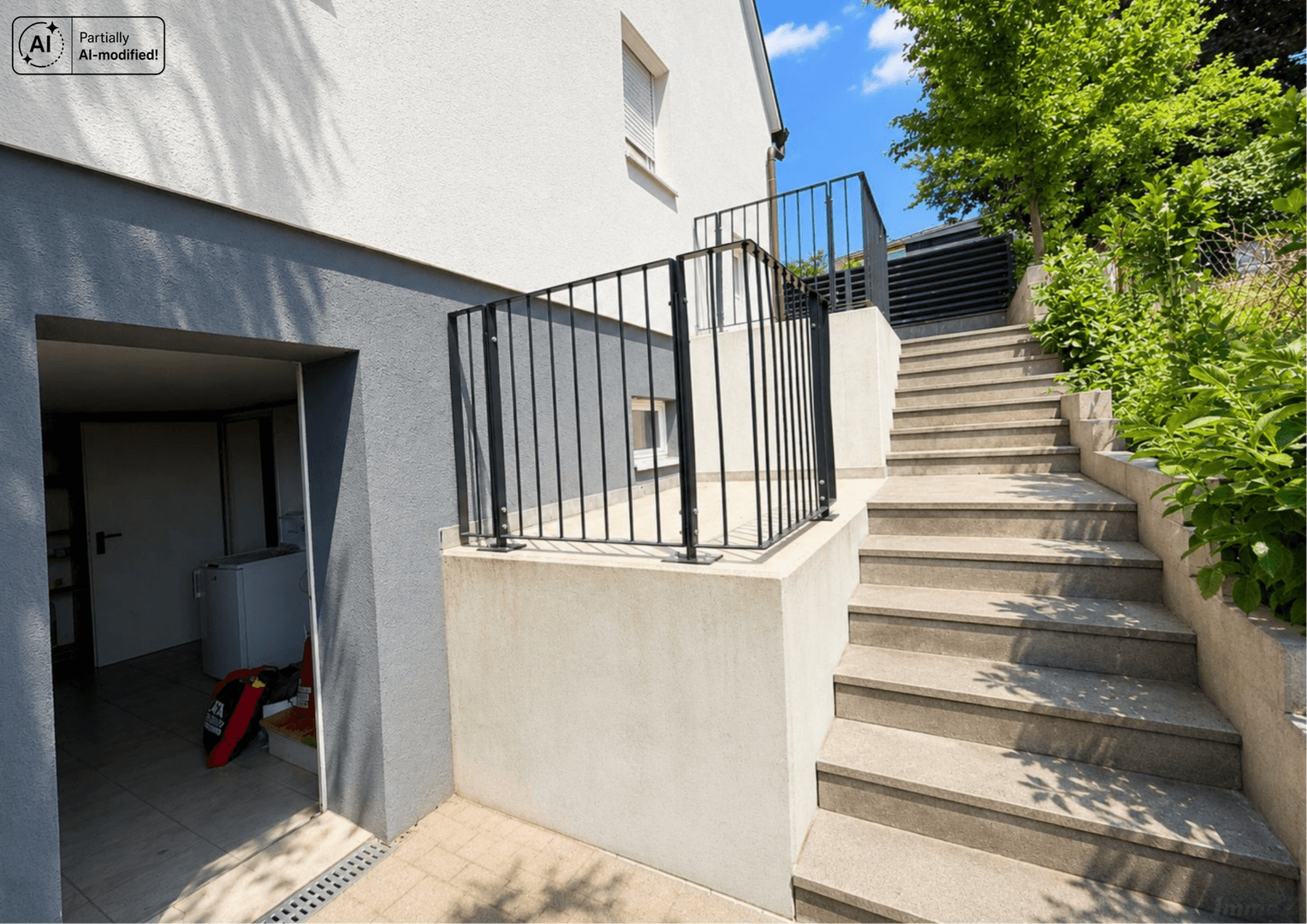 Außentreppe führt zum Eingangsbereich, mit Zugang zum Kellergeschoss.