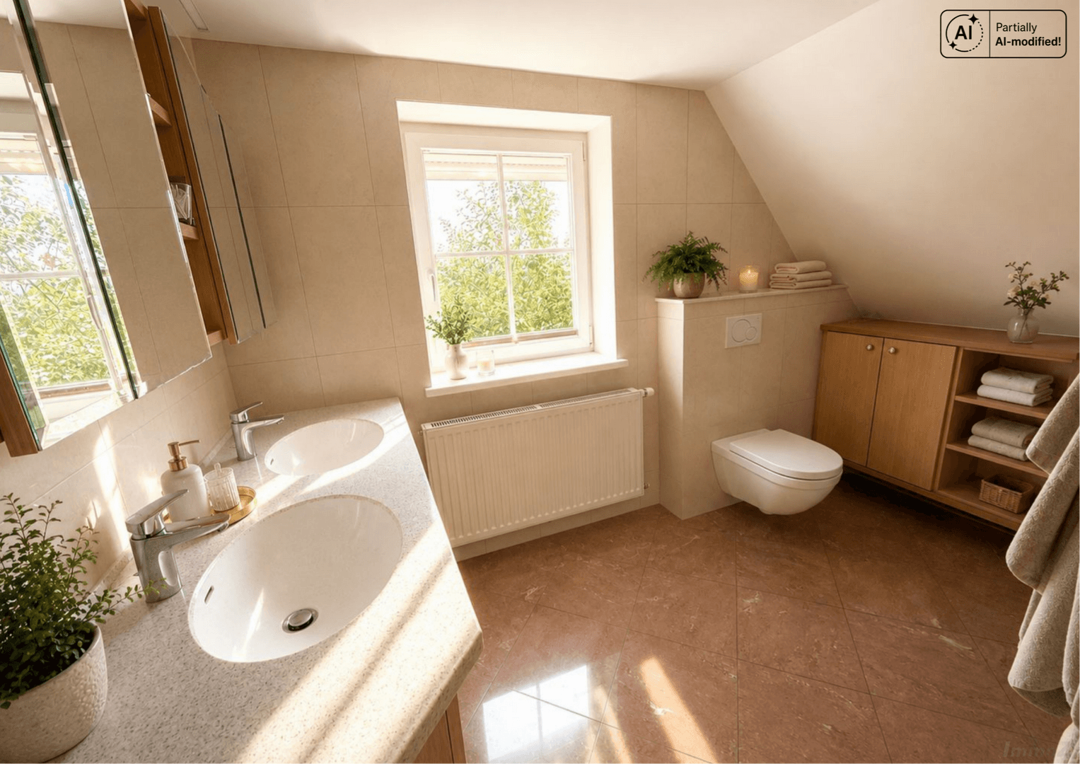 Helles Badezimmer im Dachgeschoss mit Doppelwaschbecken, Toilette und Fenster.