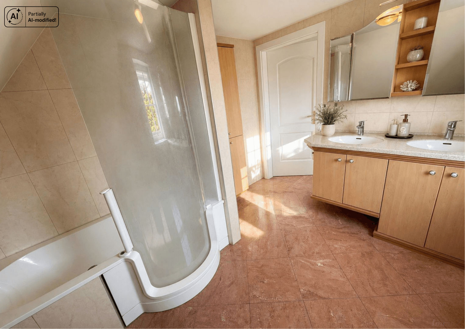 Badezimmer mit Dusch-Badewannen-Kombination, Doppelwaschbecken und Holzschränken.