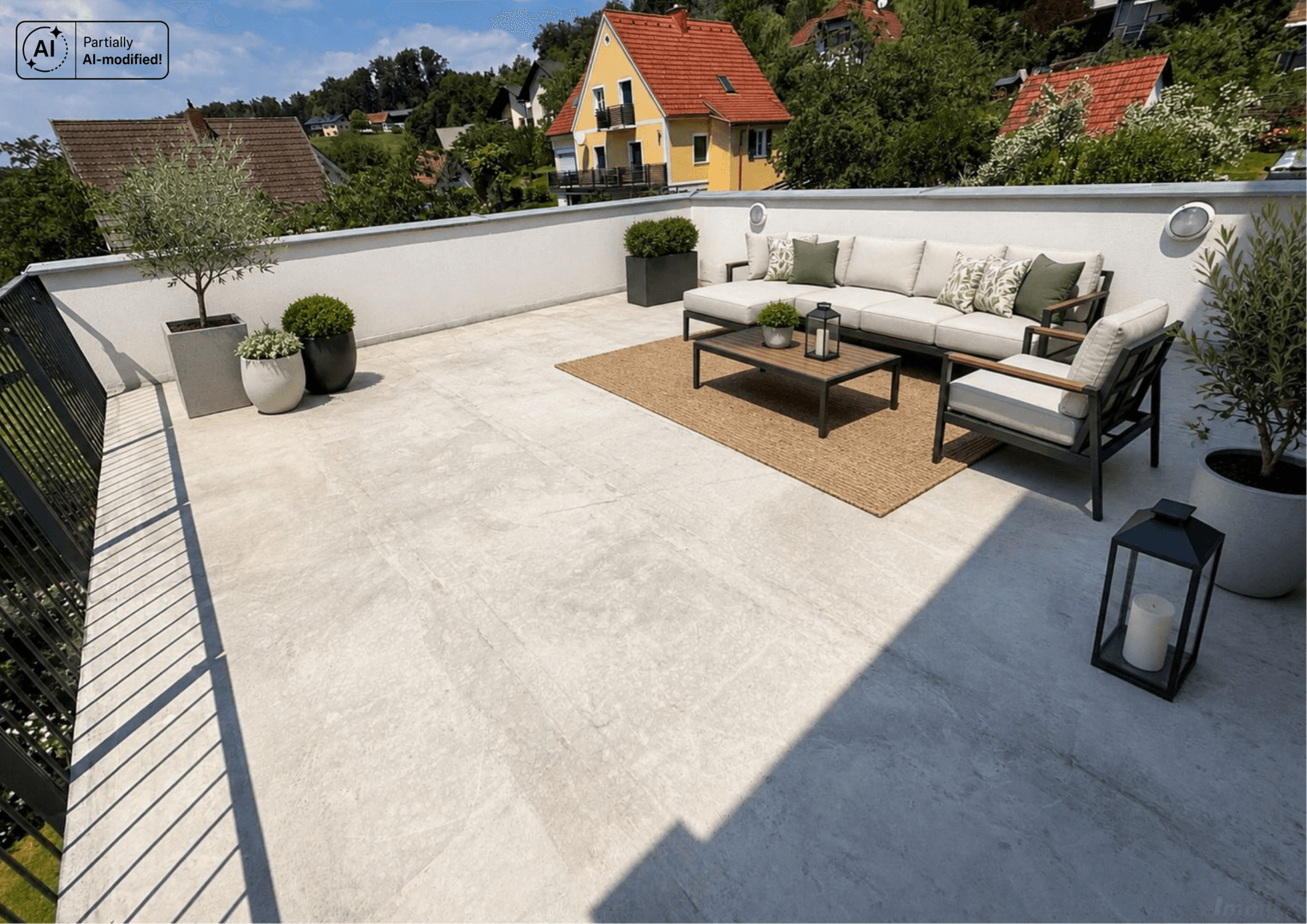 Geräumige Terrasse mit bequemen Lounge-Möbeln, ideal für Entspannung im Freien.