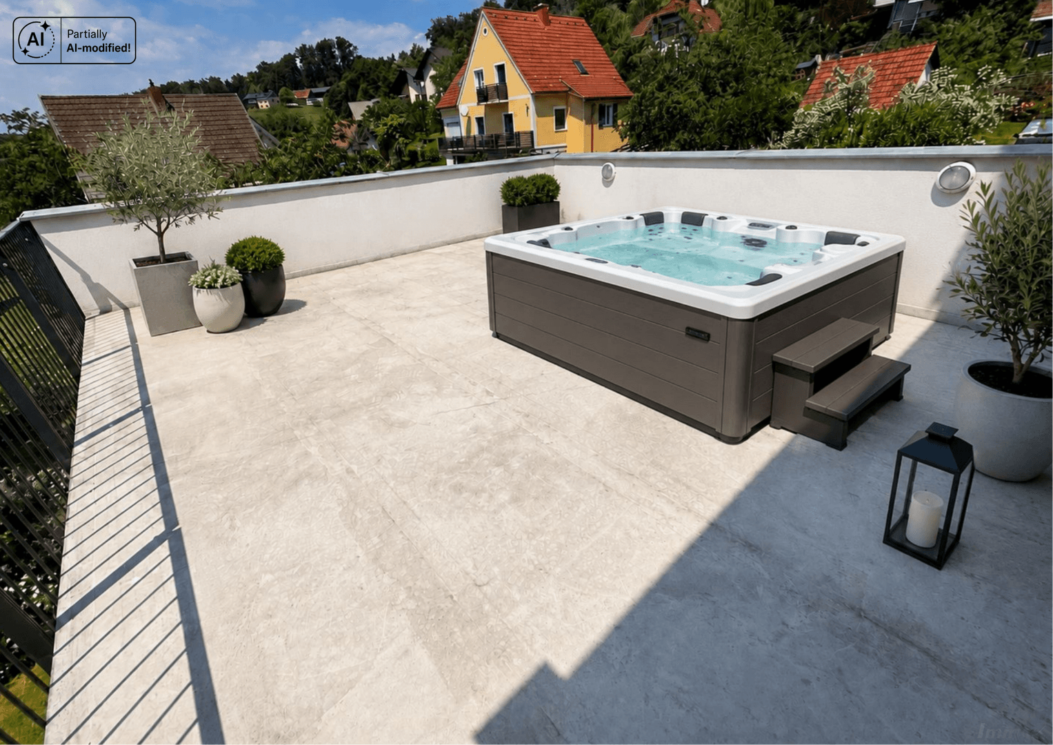 Weitläufige Dachterrasse mit modernem Whirlpool und Blick auf die Dächer der Nachbarschaft.