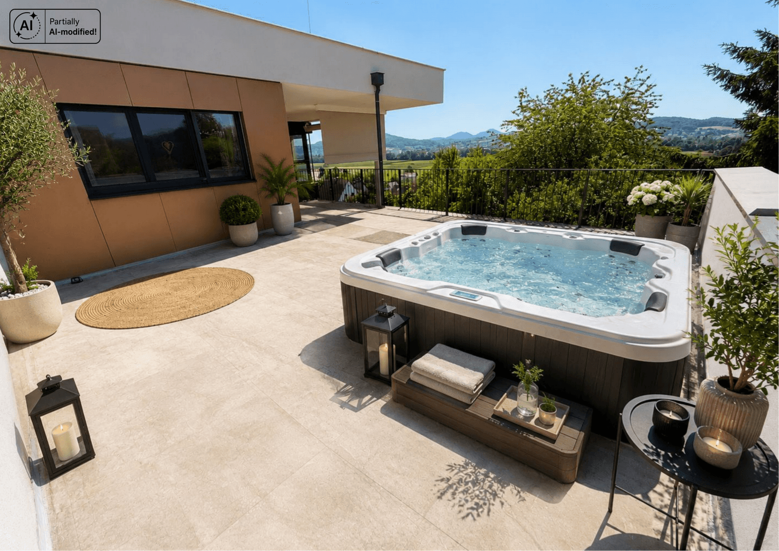 Große Sonnenterrasse mit Whirlpool, Pflanzen und Blick auf die umliegende Landschaft.