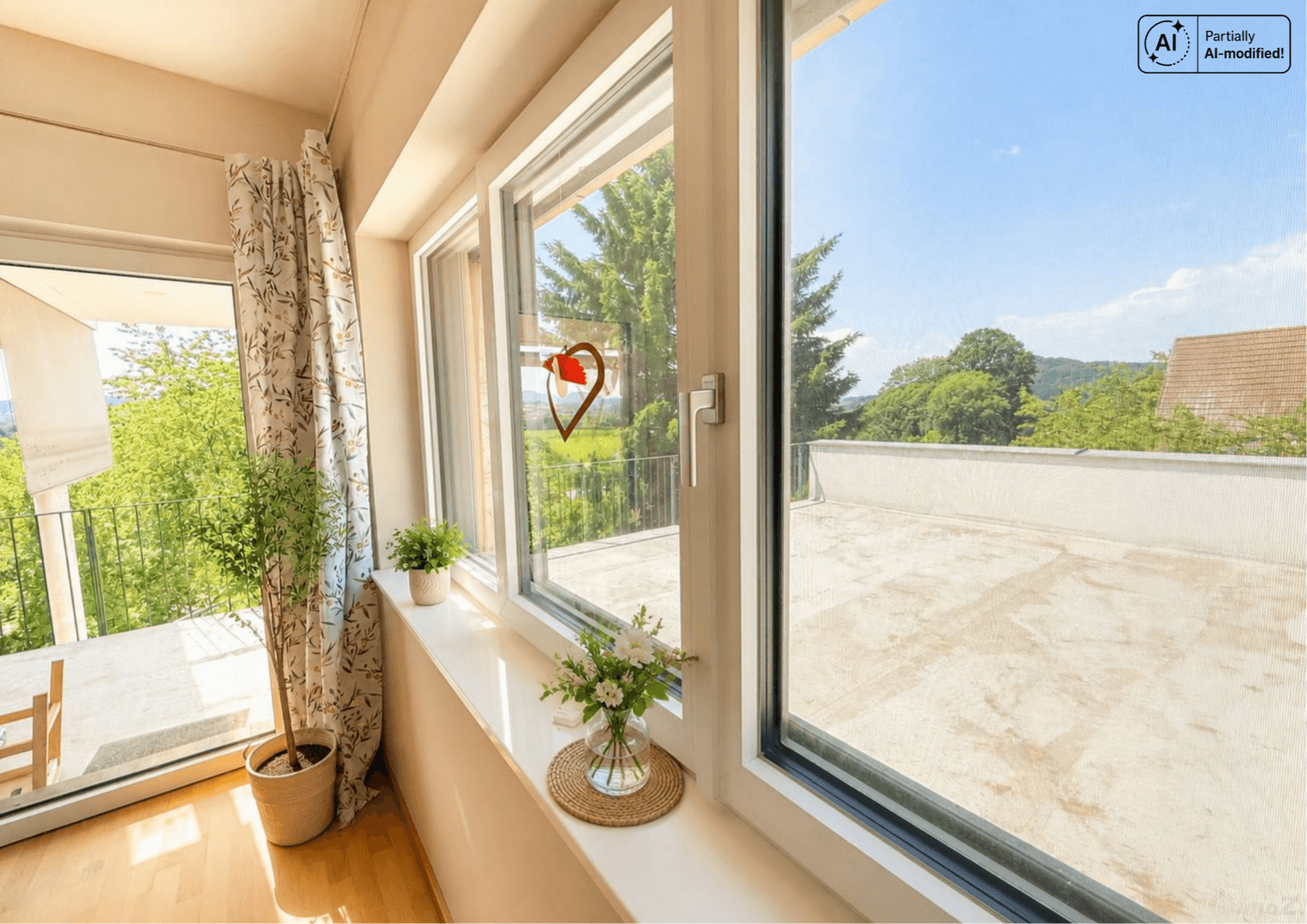 Fenster mit Blick auf eine weitläufige, sonnige Terrasse und die grüne Umgebung.
