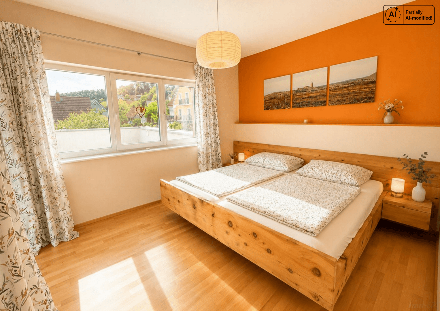 Gemütliches Schlafzimmer mit Holzbett, großen Fenstern und warmer orangefarbener Akzentwand.