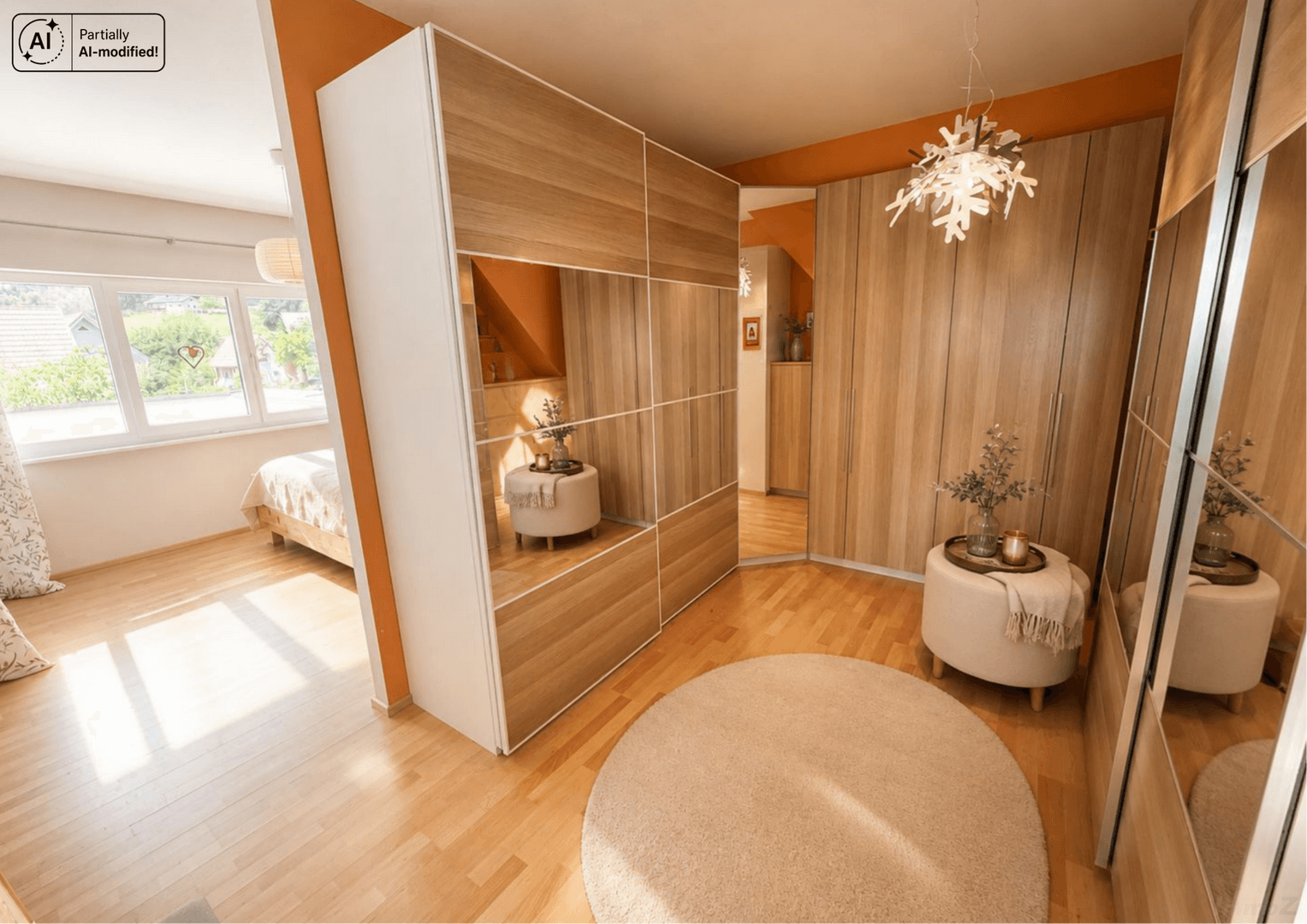 Geräumiger Schlafbereich mit modernen Holzschränken und Spiegelfronten, bietet viel Stauraum.