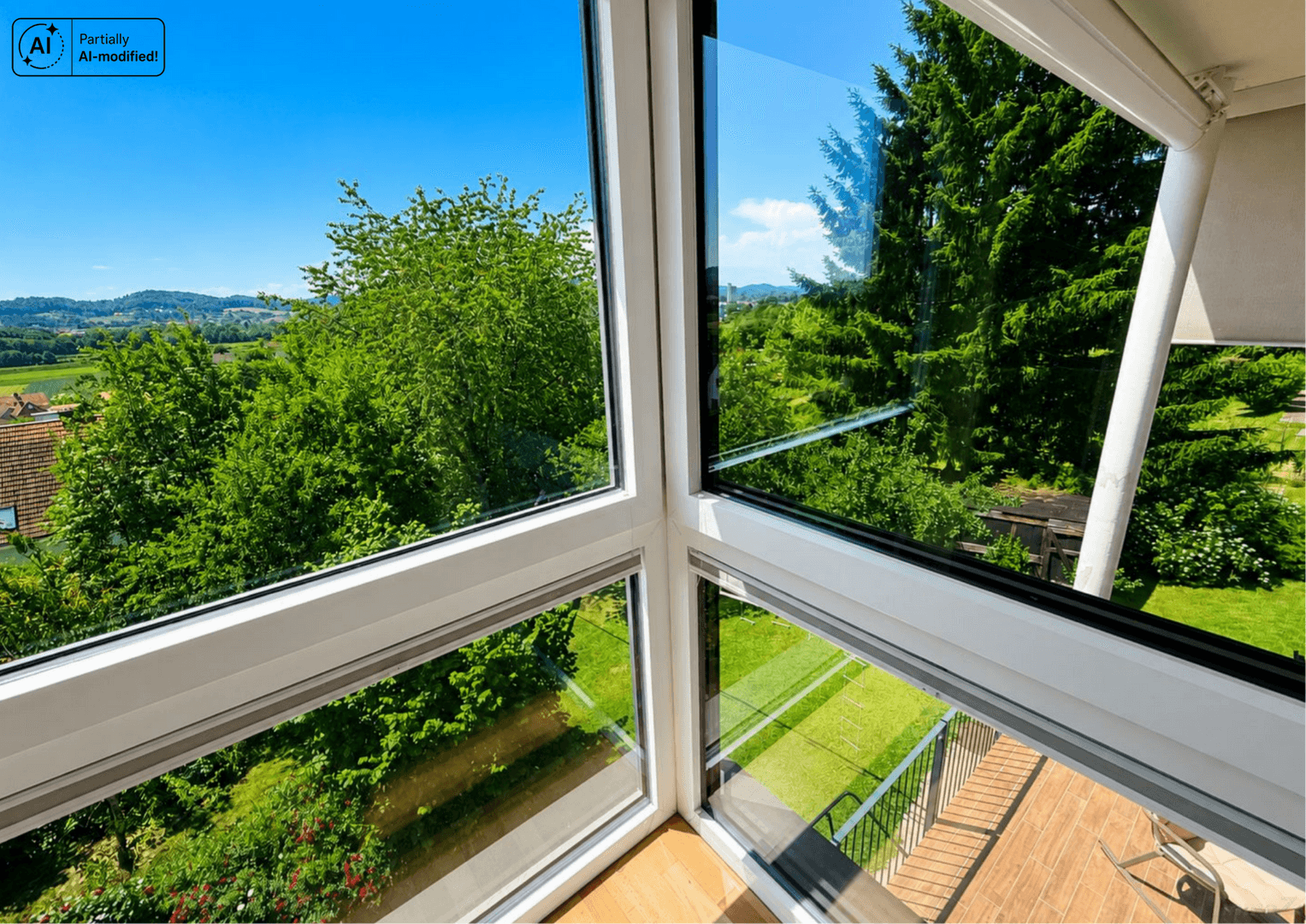Panoramablick aus dem Eckfenster auf grüne Natur und eine angrenzende Holzterrasse.