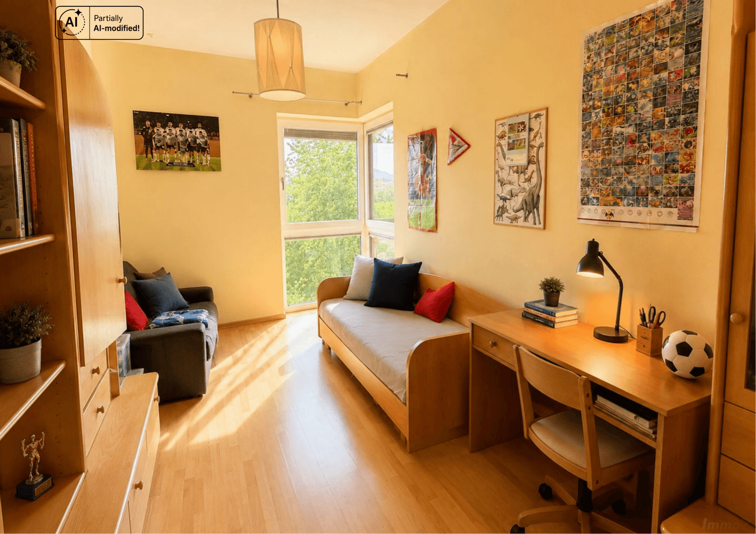 Helles Kinderzimmer mit Holzboden, Schreibtisch und Fenster, ideal zum Lernen und Spielen.