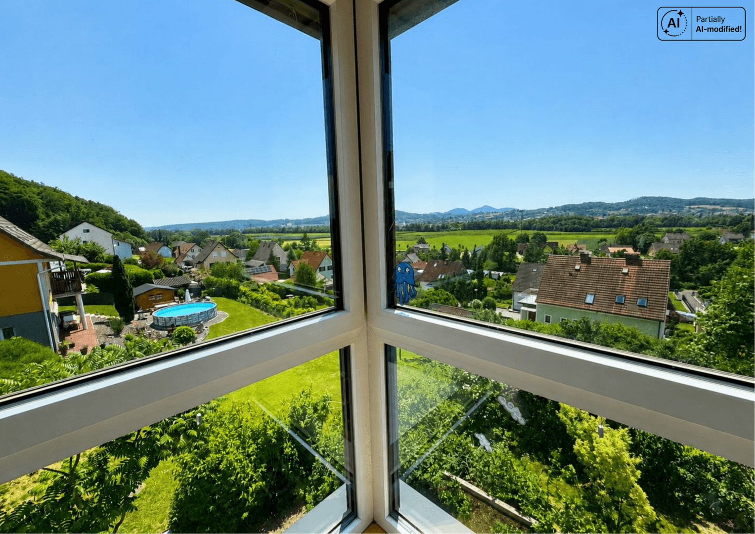 Weitläufiger Blick aus dem Eckfenster über grüne Landschaft und umliegende Häuser.
