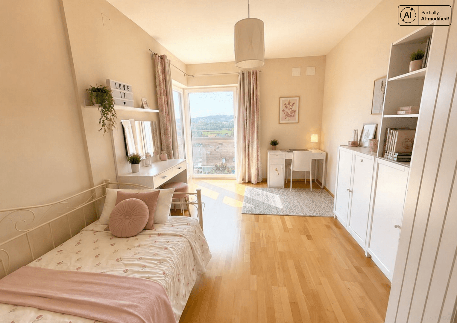 Freundliches Schlafzimmer mit Einzelbett, Schminktisch und Schreibtisch, bietet einen weiten Ausblick.