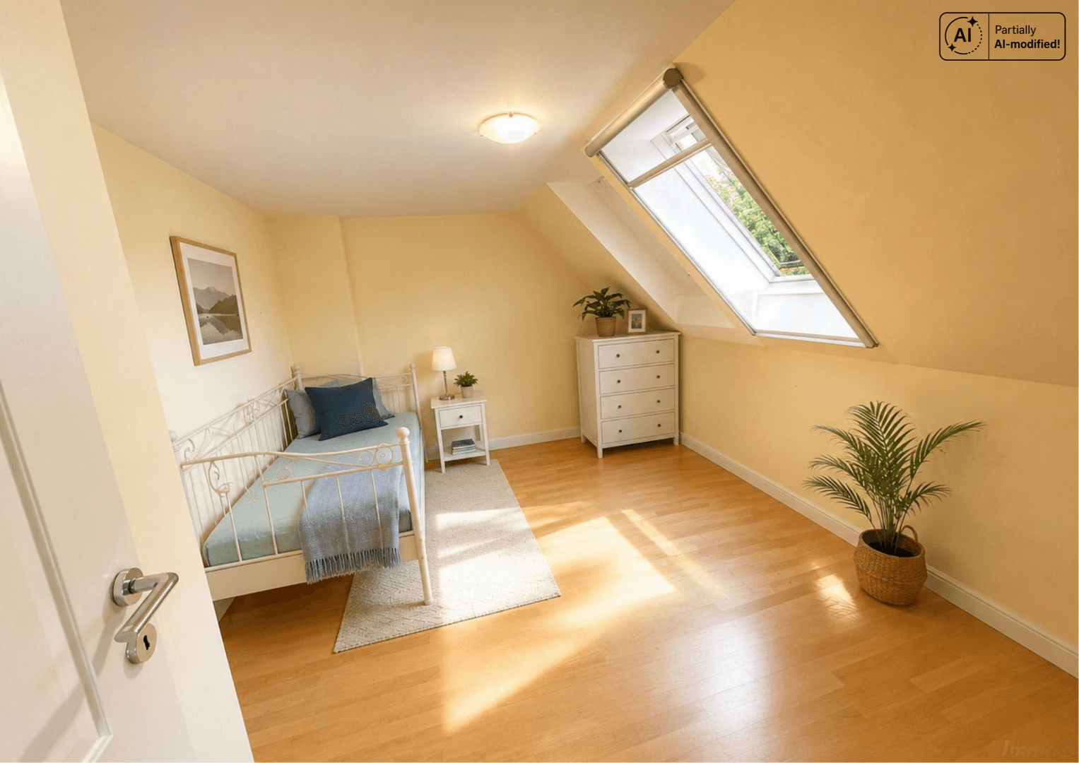 Helles Schlafzimmer im Dachgeschoss mit Einzelbett, Kommode und großem Dachfenster für viel Licht.